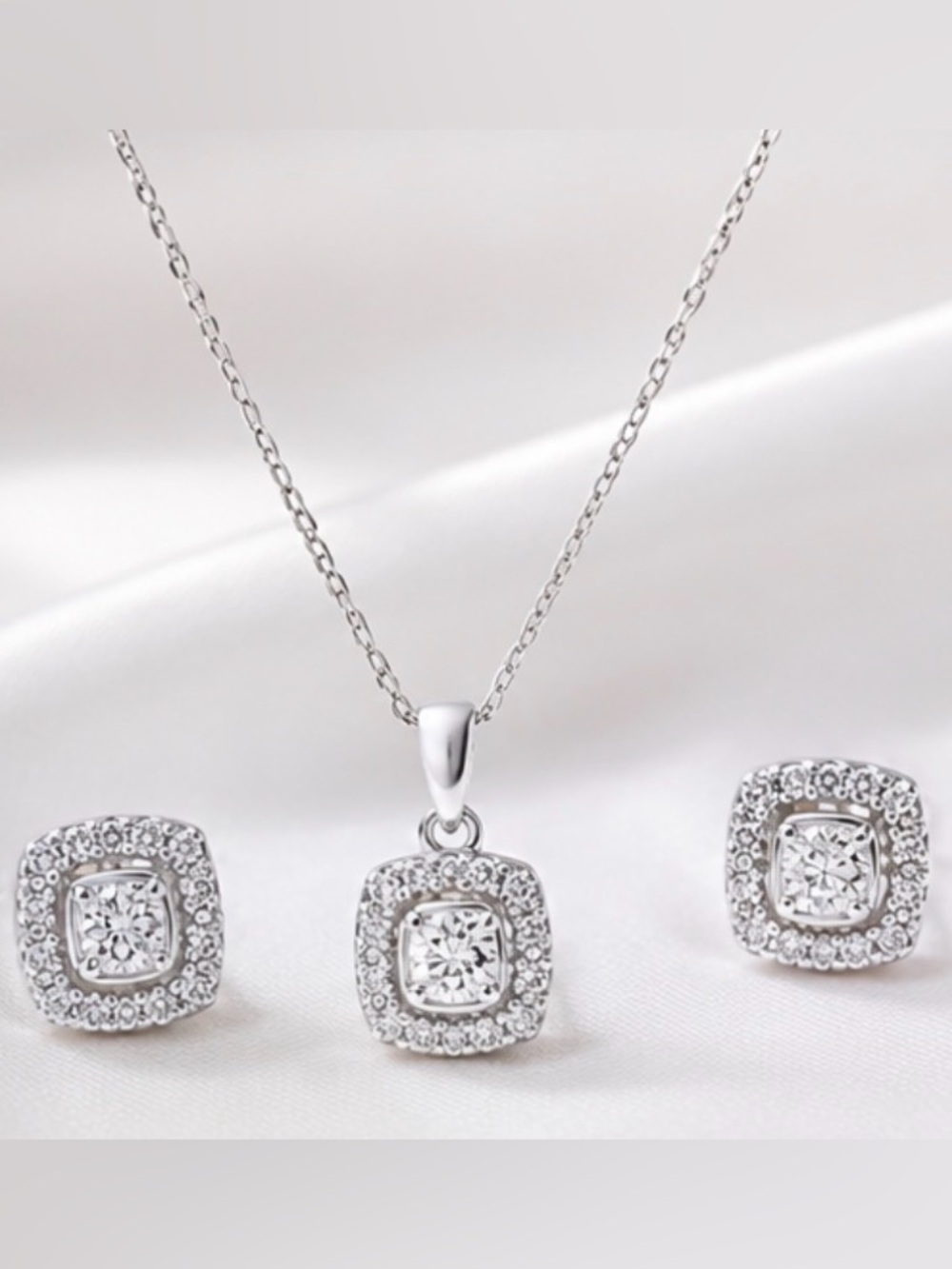 Sterling Silver Diamond Pendant Necklace and Earrings Set - White